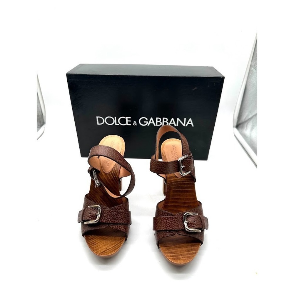 Dolce & Gabbana Wooden Platform Heels Sandals Brown Leather Italy 35.5 NEW DEFEC
